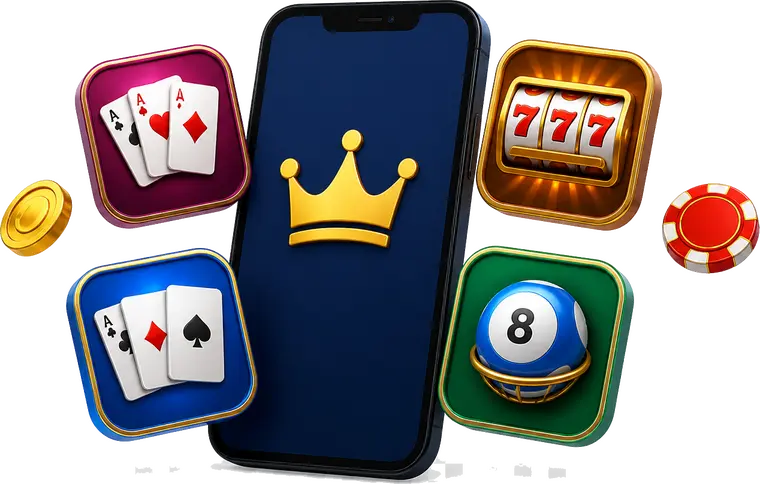 Phone surrounded by rummy, slots, card game and lottery symbols